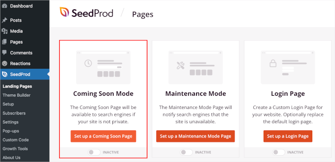 seedprod-landingpages-comingsoon Selecting the coming soon landing page type