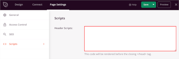 seedprod-landingpages-countdowntimer-scripts The Header Scripts field to add custom scripts in SeedProd's landing page