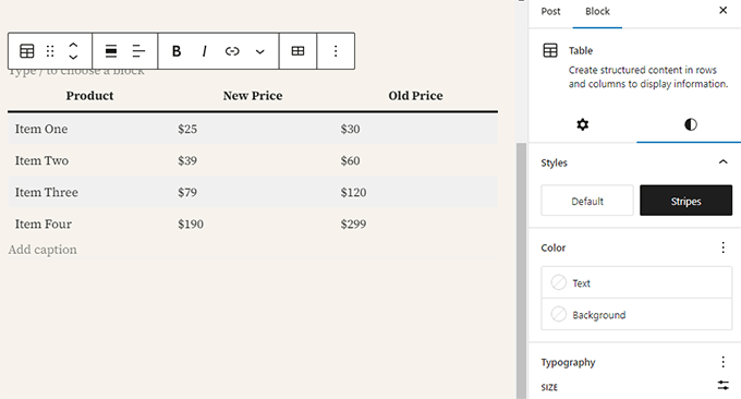 Table block example Table block example