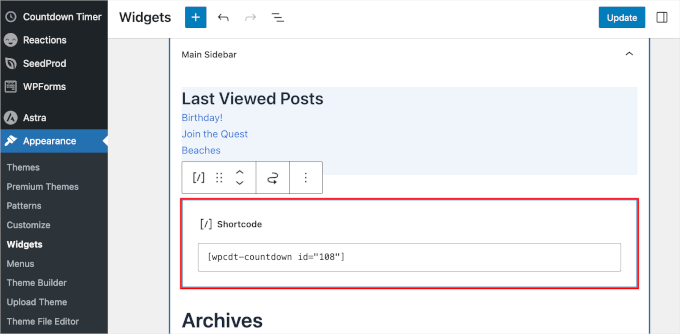 wpadminarea-appearance-widgets-mainsidebar Adding the countdown timer widget in main sidebar