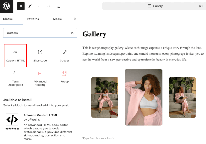 wpblockeditor-addblock-customhtml Adding custom HTML to page