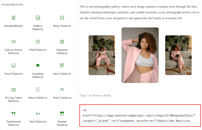 wpblockeditor-addblock-customhtmladded MonsterLink added to the custom HTML block