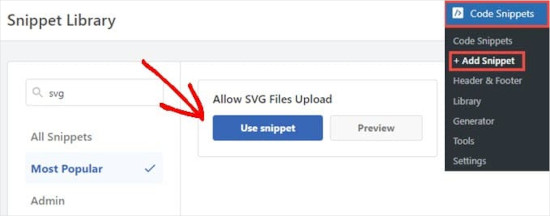 Der Ausschnitt zum Zulassen von SVG-Uploads aus der WPCode-Bibliothek