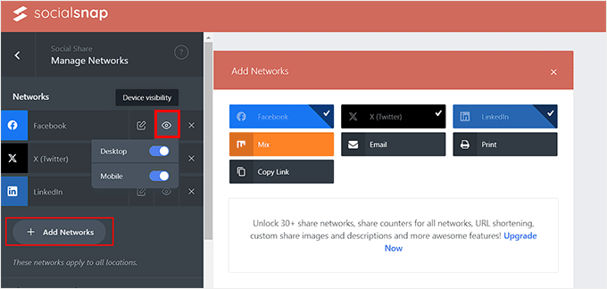 Click the Add Network button to choose social media platforms for social sharing buttons Click the Add Network button to choose social media platforms for social sharing buttons