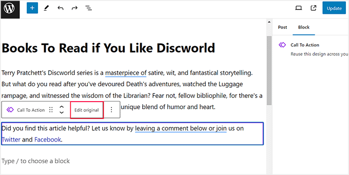 Click Edit Original option in the block toolbar Click Edit Original option in the block toolbar