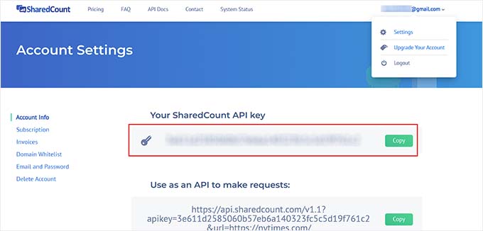 Copy your SharedCount API key Copy your SharedCount API key