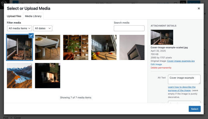 Cover image example media library