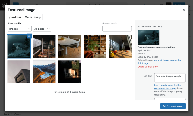 Featured image media library page