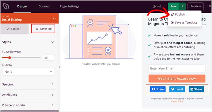 Publish the landing page with the social sharing block Publish the landing page with the social sharing block