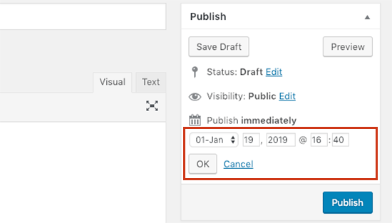 クラシックエディターで予約日時を選択 クラシックエディターで予約日時を選択