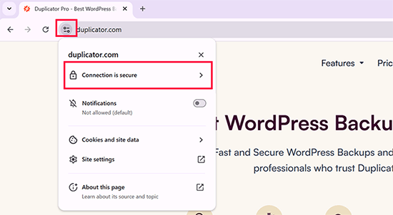 Example of a secure website showing padlock icon