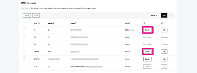 GoDaddy DNSレコードを削除