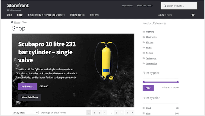 An example of an online store, created using WooCommerce