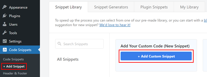 Adding a new custom code snippet in WPCode Adding a new custom code snippet in WPCode