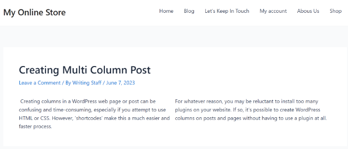 Two WordPresss Columns in Twenty Seventeen Theme Multi column content in classic editor