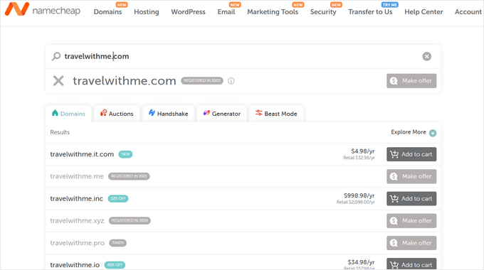 Namecheap blog name generator search results