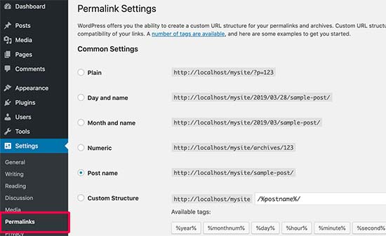 Permalinks settings page Permalinks settings page