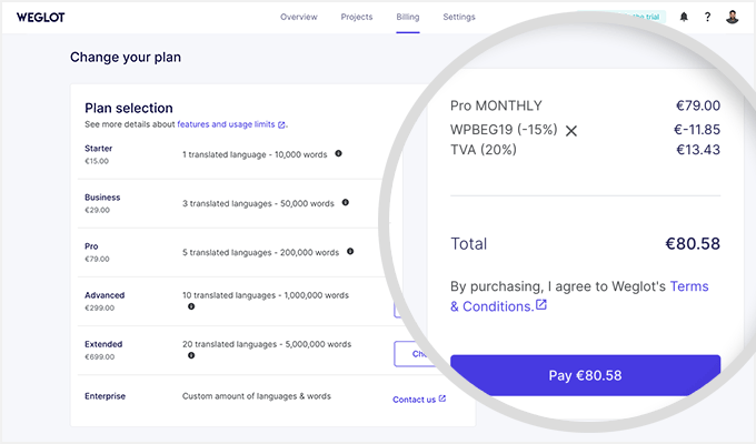 Weglot discount code added and new pricing after discount