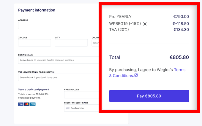 Weglot payment details and checkout