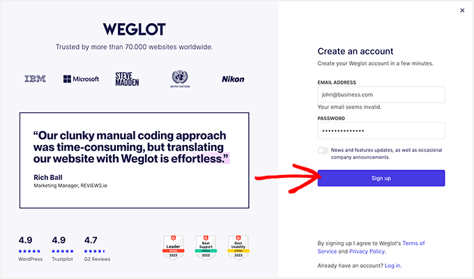 Weglot signup page Weglot signup page