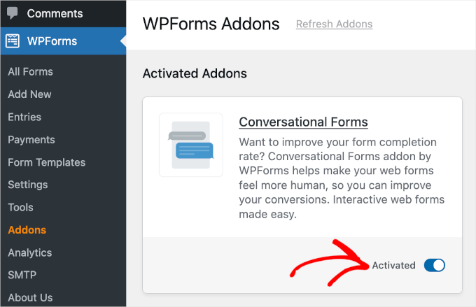 wpadminarea-wpforms-addons-conversationalforms-activated WPForms Conversational Forms addon active