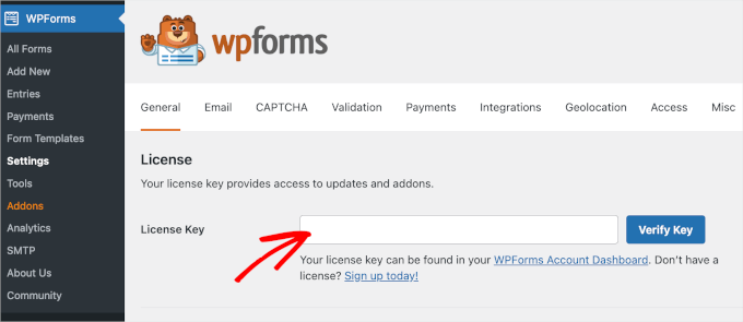 wpadminarea-wpforms-settings-licensekey WPForms license key field