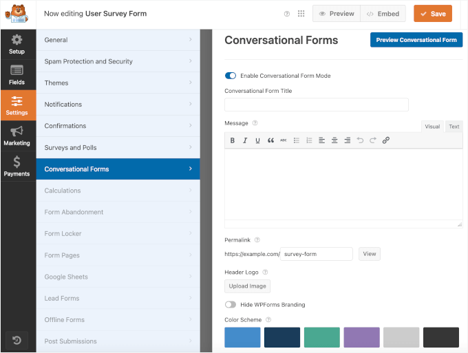 WPForms' Conversational Form customization options WPForms' Conversational Form customization options