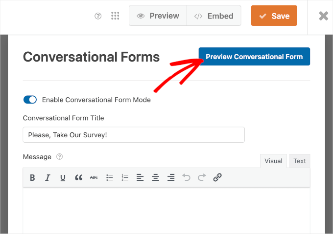 wpforms-formbuilder-conversationalform-preview Preview button for Conversational Forms WordPress