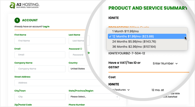 A2 Hosting Checkout Page