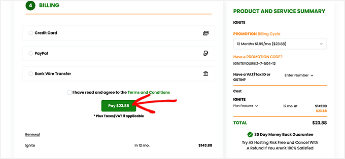 A2 Hosting Checkout and Pay