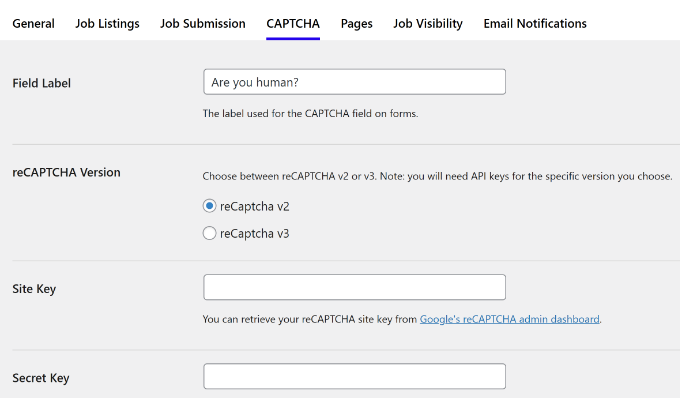 reCaptcha settings Change captcha settings