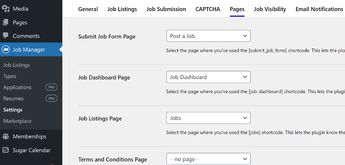 Select job manager pages Edit job board page settings