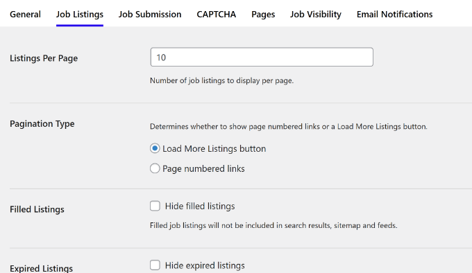 Job listings settings Edit job listings settings