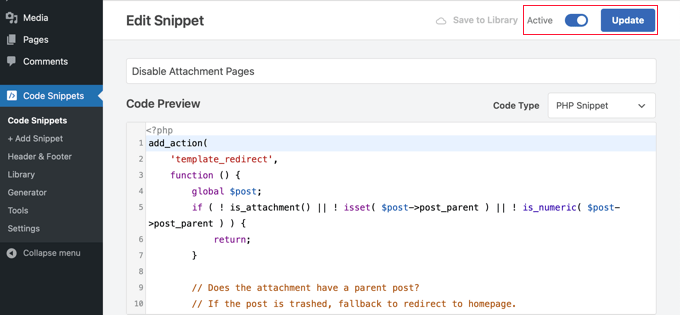 Aktivera och uppdatera WPCode-kodavsnittet Aktivera och uppdatera WPCode-kodavsnittet