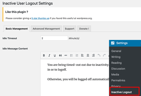 Settings page for Inactive Logout plugin Settings page for Inactive Logout plugin