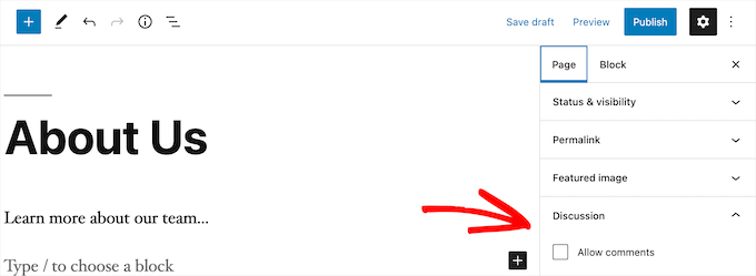 Page editor screen comments section Page editor screen comments section