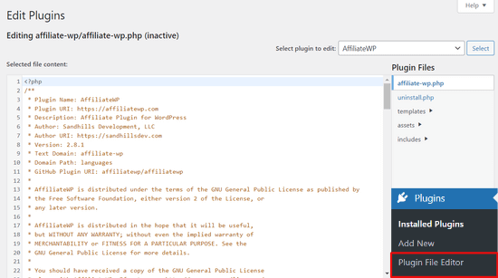 Plugin editor in WordPress Plugin file editor in WordPress