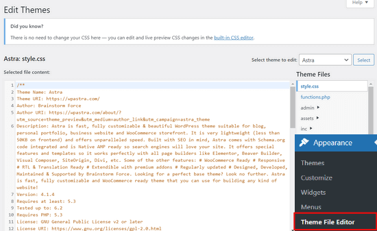 Theme editor in WordPress Theme file editor in WordPress