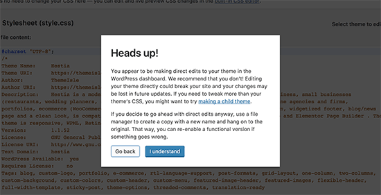 Theme editor warning in WordPress Theme editor warning in WordPress