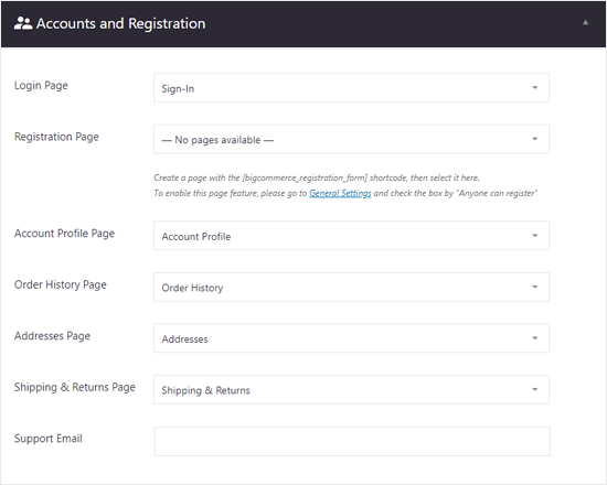 BigCommerce for WordPress Account and Registration Settings BigCommerce for WordPress Account and Registration Settings