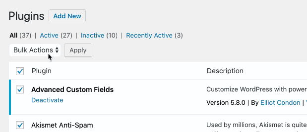 Bulk deactivate all WordPress plugins Bulk deactivate all WordPress plugins