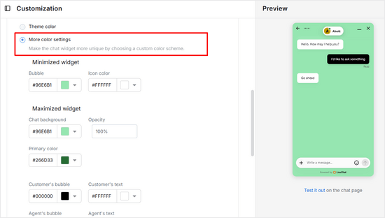 Modifier les paramètres de couleur dans une fenêtre de chat en direct
