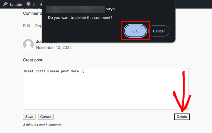 Permitindo que os usuários excluam um comentário existente do WordPress