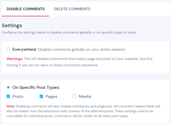 Disable Comments settings Disable Comments settings