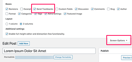 Mostra la casella di invio trackback
