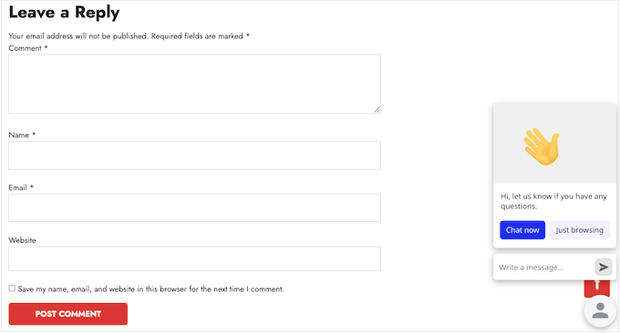 Une bulle de chat en direct sur un site web WordPress