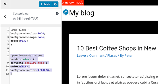 Clase CSS de modo de vista previa personalizado agregada a la clase de cuerpo