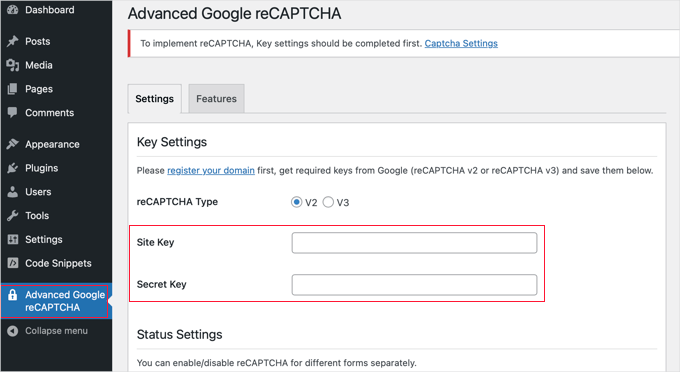 La page des paramètres avancés de Google reCAPTCHA La page des paramètres avancés de Google reCAPTCHA