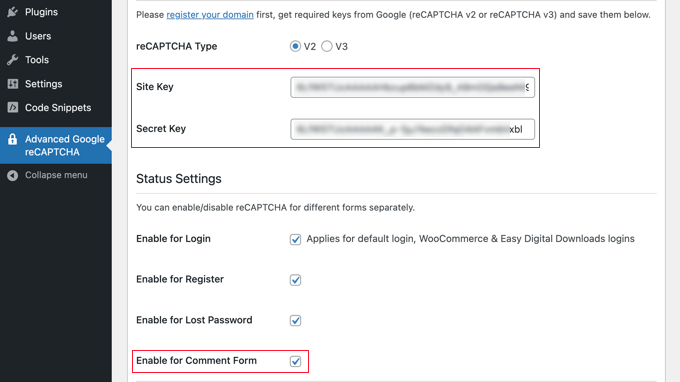 Coller la clé du site et la clé secrète Coller la clé du site et la clé secrète
