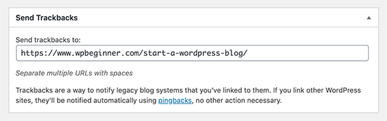 Invia trackback nell'editor classico